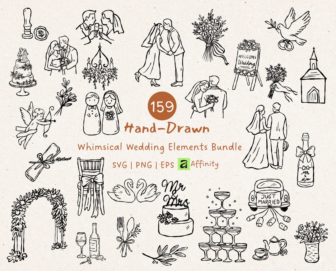 Whimsical Wedding Elements Bundle SVG, Hand Drawn Bridal Clipart, Line ...