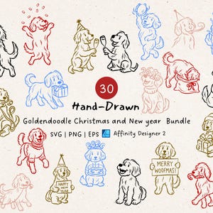 以下が含まれることがあります： 手描きのゴールデンドゥードゥルクリスマスと新年のバンドル。30点のイラストが特徴で、様々なポーズのゴールデンドゥードゥルが描かれています。一部はプレゼントを持っていたり、パーティーハットを被っていたりします。「Hand-Drawn Goldendoodle Christmas and New Year Bundle」の文字。