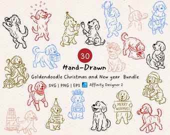 Paquete PNG SVG navideño de Goldendoodle, cachorro dibujado a mano, clipart de perro de Año Nuevo para sublimación, invitación para tarjetas navideñas