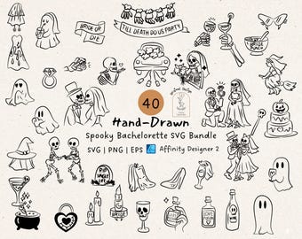 Paquete de imágenes prediseñadas SVG para despedida de soltera espeluznante: garabatos de fiesta de novia de Halloween, dibujos caprichosos hechos a mano (descarga digital)