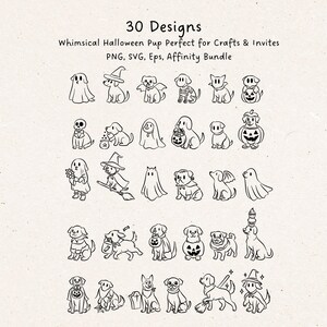 A bundle of 30 hand-drawn whimsical Halloween pup illustrations featuring dogs in spooky cute costumes, including ghost puppies, witch dogs on broomsticks, skeleton pups, pumpkin costume dogs, and trick-or-treating puppies. Perfect for digital crafts, stickers, invitations, sublimation, and Halloween decorations. Includes SVG, PNG, and EPS formats for Cricut, Silhouette, and other design software. Whimsical, playful, and perfect for pet lovers and Halloween projects.