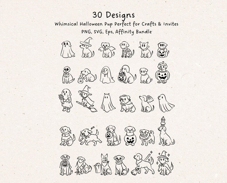 A bundle of 30 hand-drawn whimsical Halloween pup illustrations featuring dogs in spooky cute costumes, including ghost puppies, witch dogs on broomsticks, skeleton pups, pumpkin costume dogs, and trick-or-treating puppies. Perfect for digital crafts, stickers, invitations, sublimation, and Halloween decorations. Includes SVG, PNG, and EPS formats for Cricut, Silhouette, and other design software. Whimsical, playful, and perfect for pet lovers and Halloween projects.