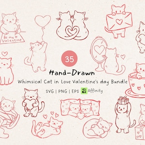 Könnte beinhalten: Eine Sammlung von 35 handgezeichneten, skurrilen Katzenillustrationen zum Valentinstag. Die Bilder zeigen Katzen mit Herzen, Geschenken und Liebesbriefen. Der Text enthält "Be my Valentine" und "Hand-Drawn Whimsical Cat in Love Valentine's day Bundle".