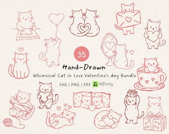 Whimsical Cat in Love Valentine SVG Bundle : Hand Drawn Kitty Meowy Clipart PNG EPS for Cards, Shirts, Invitations