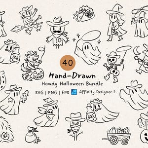 May include: A collection of hand-drawn Halloween-themed illustrations. The black and white images include ghosts, witches, cowboys, and a skeleton, with the text "Howdy Halloween Bundle" and "40 Hand-Drawn" visible.