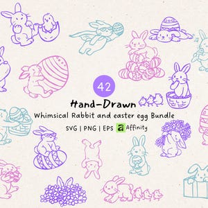May include: A collection of 42 hand-drawn whimsical rabbit and Easter egg illustrations in shades of purple and teal. The image includes various rabbit designs, Easter eggs, and the text "Hand-Drawn Whimsical Rabbit and easter egg Bundle SVG | PNG | EPS".