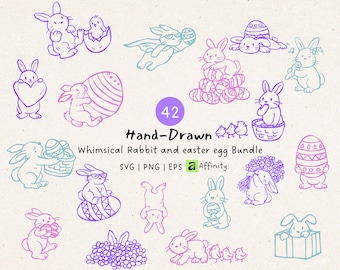 Rabbit and Easter Egg SVG PNG Bundle, Hand Drawn Bunny Clipart, Whimsical Easter , Fluffle Quirky friend