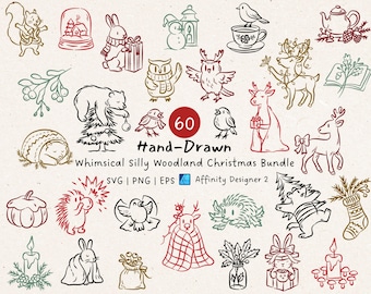Grillige kerst clipart SVG-bundel: gekke bosdieren, handgetekende vakantiedoodles, feestelijke grappige ornamenten, xmas craft
