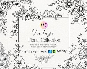 Colección floral vintage en formato SVG: Flores elegantes dibujadas a mano, ramos de flores, marcos, esquinas (descarga digital)