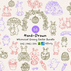 May include: A collection of hand-drawn, whimsical Easter-themed illustrations. The designs include bunnies, chicks, eggs, and a flower-adorned arch with a disco ball. The color palette features shades of pink, purple, and green. The text "Hand-Drawn" and "Easter" are visible.