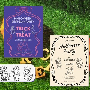 A bundle of 30 hand-drawn whimsical Halloween pup illustrations featuring dogs in spooky cute costumes, including ghost puppies, witch dogs on broomsticks, skeleton pups, pumpkin costume dogs, and trick-or-treating puppies. Perfect for digital crafts, stickers, invitations, sublimation, and Halloween decorations. Includes SVG, PNG, and EPS formats for Cricut, Silhouette, and other design software. Whimsical, playful, and perfect for pet lovers and Halloween projects.