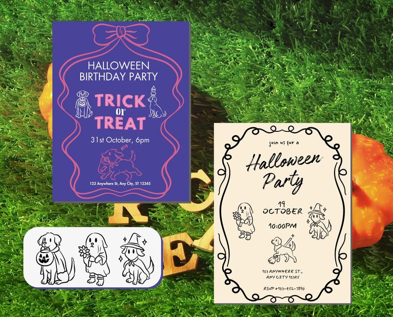A bundle of 30 hand-drawn whimsical Halloween pup illustrations featuring dogs in spooky cute costumes, including ghost puppies, witch dogs on broomsticks, skeleton pups, pumpkin costume dogs, and trick-or-treating puppies. Perfect for digital crafts, stickers, invitations, sublimation, and Halloween decorations. Includes SVG, PNG, and EPS formats for Cricut, Silhouette, and other design software. Whimsical, playful, and perfect for pet lovers and Halloween projects.