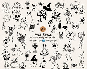 Paquete SVG de Halloween dibujado a mano, clipart espeluznante, fantasma dibujado a mano, esqueleto, garabatos caprichosos, clipart espeluznante de Halloween, invitación a fiesta
