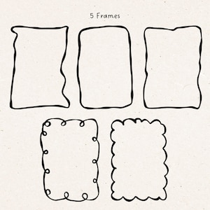 A collection of five hand-drawn minimal frames displayed on warm textured paper. Each frame features soft organic shapes, wavy borders, or looped decorative edges that match the cozy illustration style of the bookish goose bundle. These frames can be used for bookmarks, labels, invitations, planner pages, quotes, and printable crafting projects. The clean black line art makes them compatible with Cricut, laser cutters, sublimation, and digital design software.