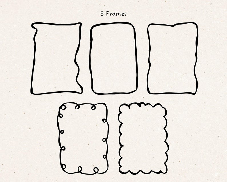 A collection of five hand-drawn minimal frames displayed on warm textured paper. Each frame features soft organic shapes, wavy borders, or looped decorative edges that match the cozy illustration style of the bookish goose bundle. These frames can be used for bookmarks, labels, invitations, planner pages, quotes, and printable crafting projects. The clean black line art makes them compatible with Cricut, laser cutters, sublimation, and digital design software.