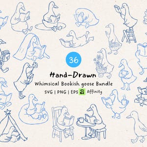 May include: A set of 36 hand-drawn illustrations of geese reading books, in blue line art. The image includes text that reads "Hand-Drawn Whimsical Bookish goose Bundle" and file type information, perfect for digital art projects.