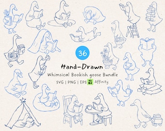May include: A collection of 36 hand-drawn illustrations of whimsical geese reading books, in various poses. The illustrations are in blue line art, with text that reads "Hand-Drawn Whimsical Bookish goose Bundle" and file type information.