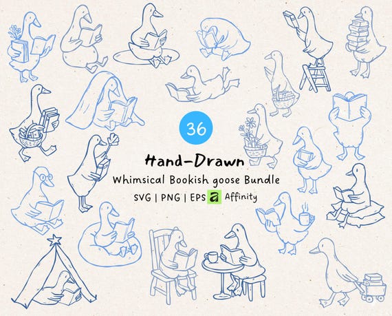Hand Drawn Bookish Goose Clipart Bundle - Reading Goose SVG PNG, Cozy Book Lover Line art