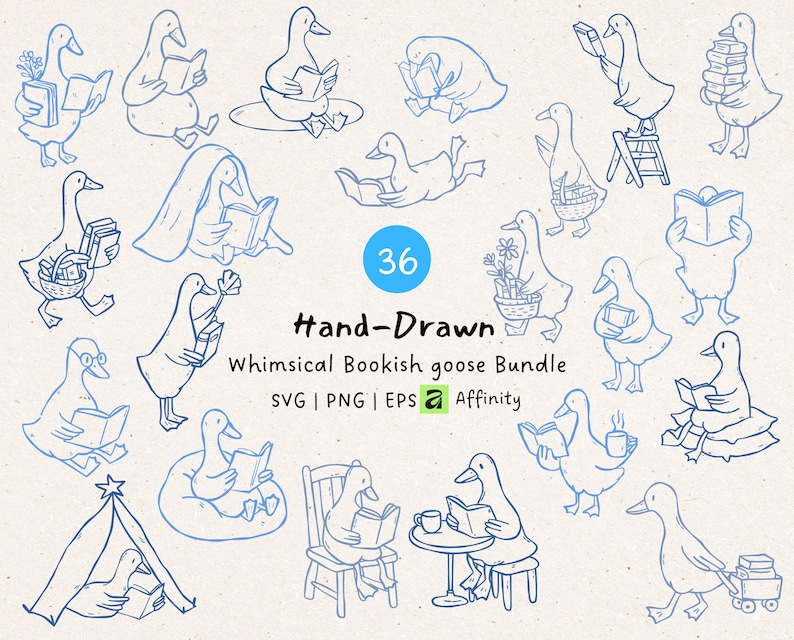 A hand-drawn bookish goose clipart bundle featuring 36 cozy reading illustrations in soft blue line art on a warm textured paper background. Each goose is shown reading in different poses such as sitting, standing, carrying books, or relaxing with a blanket. The cover highlights that the set includes SVG, PNG, EPS, and Affinity files, perfect for bookmarks, mugs, shirts, book club crafts, Cricut projects, and cozy aesthetic designs for book lovers.