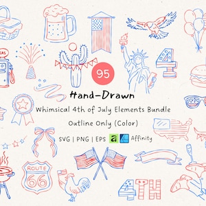 May include: Hand-drawn whimsical 4th of July elements bundle in red and blue. Includes illustrations of a gas pump, fireworks, cactus, Statue of Liberty, American flag, and more. The text reads "95 Hand-Drawn Whimsical 4th of July Elements Bundle Outline Only (Color)".