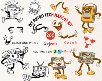 Kit de mascota retro para armar tú mismo, 268 objetos, creador de personajes combinables, mascota de dibujos animados en formato SVG y PNG, diseño de camiseta con pegatina Y2K.