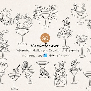 Spöklik Halloween Cocktail Art SVG Bundle: Handritade häx- och spökdoodles, Möhippa (digital nedladdning)