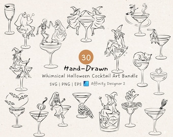 Spooky Halloween Cocktail Art SVG Bundle: Hand-Drawn Witch & Ghost Doodles ,  Bachelorette Party(Digital Download)
