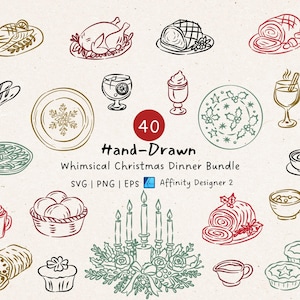 Julmiddag SVG-paket: Handritade illustrationer av högtidsmat, doodle för festlig middag (digital nedladdning)