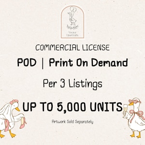 May include: A commercial license document for POD Print On Demand, valid for 3 listings up to 5,000 units. The text includes Vector LineCrafts and Artwork Sold Separately. Features illustrations of two white geese, one wearing a veil and one with glasses.