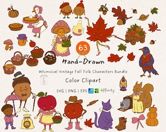 Vintage Fall Folk Clipart Bundle, 63 Color Folk Characters SVG PNG, Whimsical Autumn Mushroom Pumpkin Acorn Graphics