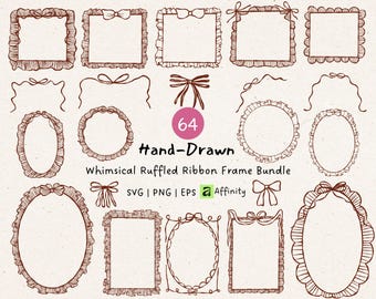 Whimsical Ruffled Ribbon Frame SVG Bundle, Hand-Drawn Bow Border Clipart, Decorative Frames Scrapbook & Invitation