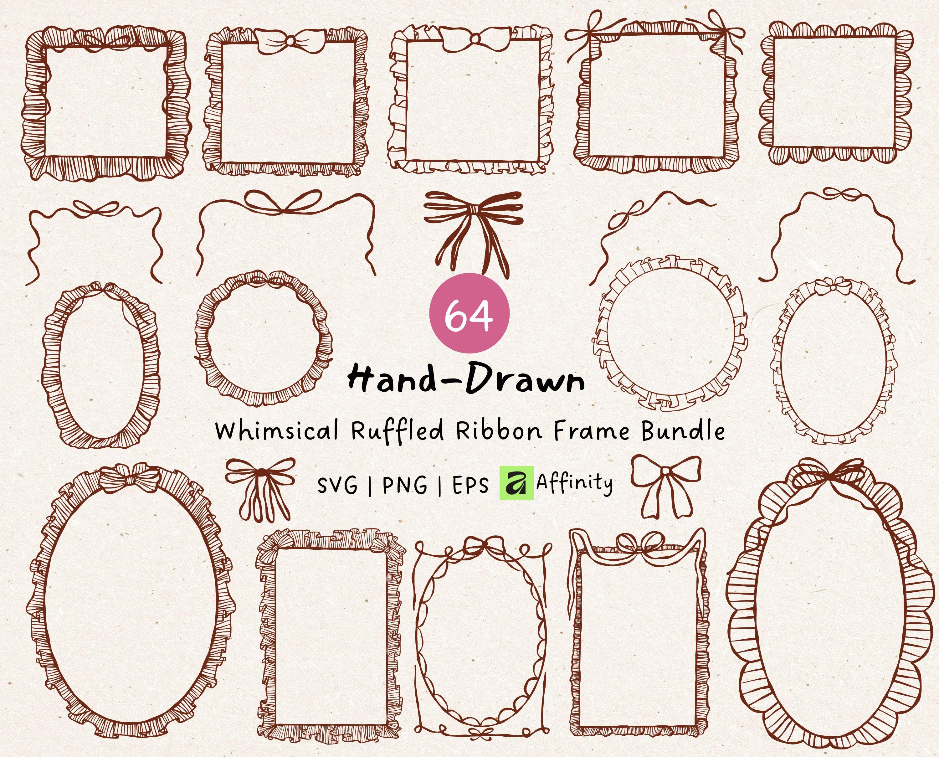 Svg Ruffle Outline Whimsical Ruffled Ribbon Frame SVG Bundle, Hand-drawn Bow Border ...