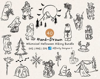 Halloween Hiking SVG Bundle : Ghost Camp Clipart, Skeleton Hiker, Whimsical Doodles (Digital Download)