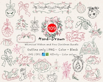 Whimsical Ribbon and Pine Christmas Clipart Bundle: Vintage Hand-Drawn Holiday, Festive Ornaments, Xmas Craft