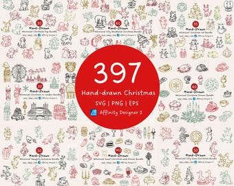 Peut inclure: Une collection de 397 illustrations de Noël dessinées à la main, aux formats SVG, PNG et EPS. L'image présente divers motifs fantaisistes, notamment des animaux, de la nourriture et des éléments de fête, avec des étiquettes textuelles.