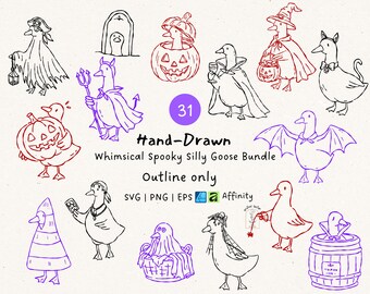Paquete de imágenes SVG y PNG de gansos espeluznantes y graciosos, imágenes prediseñadas de gansos de Halloween dibujadas a mano (descarga digital)