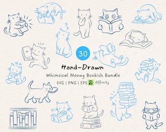 May include: A collection of hand-drawn illustrations of cats interacting with books. The images are in blue and gray, with cats reading, carrying, and sleeping on books. Text includes "Hand-Drawn", "Whimsical Meowy Bookish Bundle", and "30".
