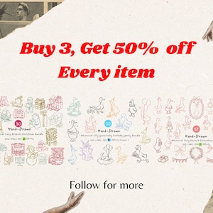 Promotional banner featuring three digital packs displayed on tablet screens with the text “Buy 3, Get 50% off Every item.” Shown Hand drawn sets