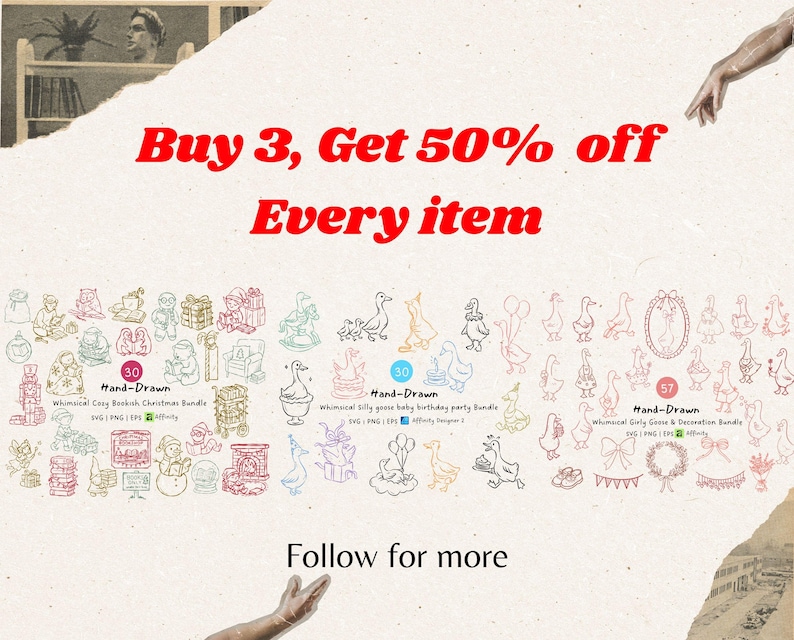 Promotional banner featuring three digital packs displayed on tablet screens with the text “Buy 3, Get 50% off Every item.” Shown Hand drawn sets