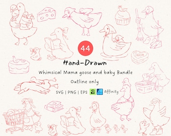 Whimsical Mama Goose SVG Bundle, Hand Drawn Mother and Baby Geese Clipart, Cute Mom PNG, Mother's Day Design