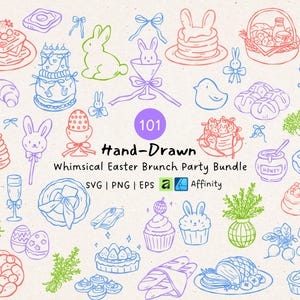 Påskbrunchfest SVG-paket, 101 handritade påskclipart, kaninmat och desserter för påskinbjudningskort och pyssel