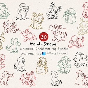 May include: A collection of 30 hand-drawn whimsical Christmas pup illustrations in various poses. The dogs are depicted with festive accessories like Santa hats, bows, and wrapped gifts. The image includes the text "Hand-Drawn Whimsical Christmas Pup Bundle".