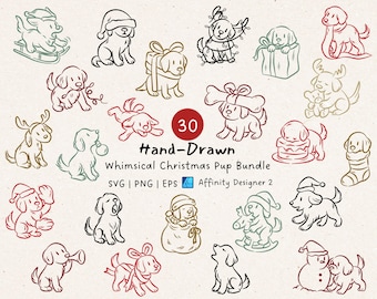 Hand-Drawn Christmas Puppy Clipart SVG Bundle : Festive Golden Retriever in Holiday (Digital Download)