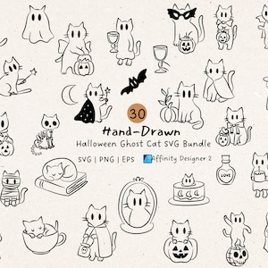 May include: A collection of 30 hand-drawn Halloween-themed cat illustrations. The black and white designs feature cats dressed as ghosts, witches, and vampires, holding pumpkins, potion bottles, and other spooky items. The text "Hand-Drawn Halloween Ghost Cat SVG Bundle" is also present.