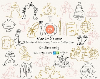 Minimal Wedding Doodle SVG Bundle, Hand Drawn SVG PNG Clipart, Bridal outline Icons Invitation