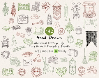 Cottage Life SVG Bundle | 142 Cozy Home & Everyday Hand Drawn Clipart | Kitchen Garden Sewing PNG  for Invitations, Crafts, Scrapbooking