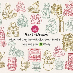 Op de afbeelding: Een verzameling van 30 handgetekende kerstillustraties met een boekenthema. De tekeningen tonen verschillende personages en objecten die boeken lezen, waaronder een uil, een kat en een sneeuwpop. Tekst bevat "Hand-Drawn", "Whimsical Cozy Bookish Christmas Bundle", en "Christmas Bookshop".