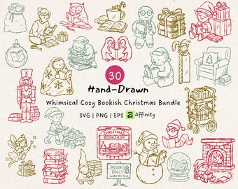 Peut inclure: Ensemble de 30 illustrations de Noël dessinées à la main sur le thème des livres. Les dessins présentent des personnages et des objets lisant des livres, comme un hibou, un chat et un bonhomme de neige. Le texte comprend "Hand-Drawn", "Whimsical Cozy Bookish Christmas Bundle", et "Christmas Bookshop".