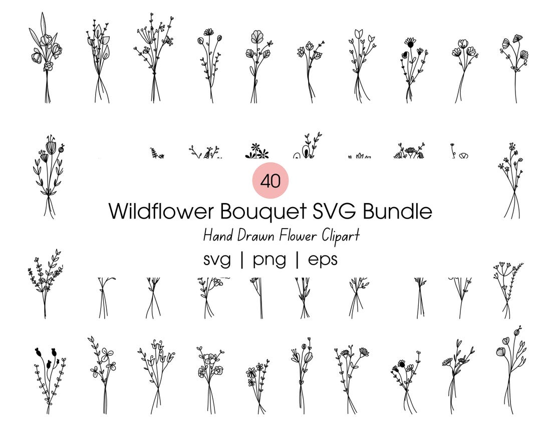 Wildflower Bouquet SVG Bundle, Hand Drawn Floral Line Art (digital ...