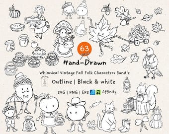 Vintage Fall Folk Clipart Bundle, 63 Hand Drawn Autumn Character SVG PNG EPS, Outline, Black and White Mushroom Pumpkin Craft Files